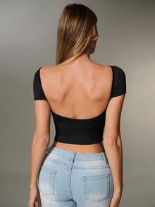 Nuvra 1pc Women's Black Comfortable Fabric Sexy Backless Design T-Shirt - Black - View 5