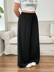 SHEIN PETITE CURVE 大码女式纯色抽绳腰阔腿宽松休闲裤 - 咖啡棕 - 查看 5