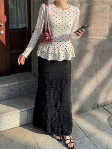 FRIFUL Women's Polka Dot Round Neck Pleated Fashionable Versatile Daily Wear Long Sleeve Top - Beige - View 5