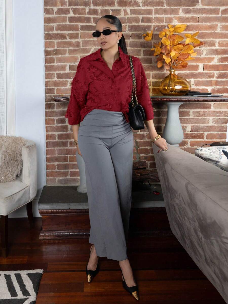 Melissa Matos 3/4 Sleeve Olive Green Shirt, Simple Cut, Loose Fit, Classic Collar, Comfortable To Wear - Red - View 1