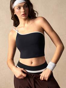 VARSIVA Contrast Trim Fitted Cropped Sports Tank Top - Black and White - View 4