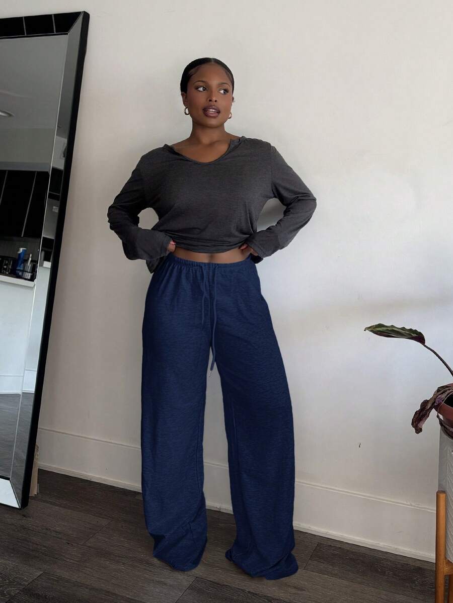 Tyla Gomez Women's Drawstring Waist Casual Loose Wide Leg Sweatpants,Fall,Fall Clothes For Women,Women's Winter Clothes - Navy Blue - View 1