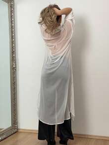 Jeta Ari 女士白色冰絲防曬襯衫外套，法式長款寬鬆薄款開襟襯衫，中長袖，適用於夏季 - 白色 - 查看 2