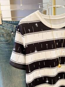 Resyla Women's Striped Print Digital 3D Round Neck Regular T-Shirt - Multicolor - View 3