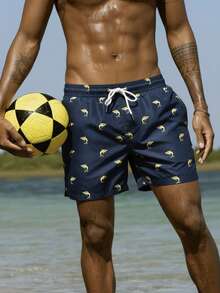 Manfinity Swimmode Herren Strandhose mit elastischem Bund, Kordelzug, Taschen und lockerem Schnitt, Lässig Strandshorts mit Delfin-Muster, Herren Badebekleidung Poolshorts - marineblau - Übersicht 3
