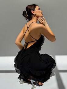 Aloruh Váy không tay hở lưng nhiều lớp nhún bèo trơn phong cách nữ thần thanh lịch mùa xuân/hè có tác dụng làm thon gọn và tăng chiều cao, váy dài bó sát màu đen trơn không tay dây mảnh thanh lịch cho nữ, trang phục dự tiệc/hộp đêm mùa xuân/hè - màu đen - Xem 4