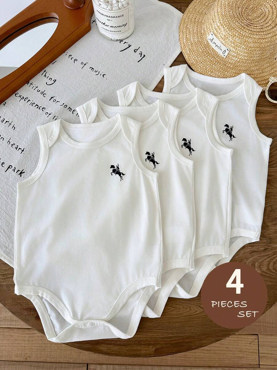 4pcs/Set Baby Boy Summer Casual Knight Print Sleeveless Romper - White - View 1
