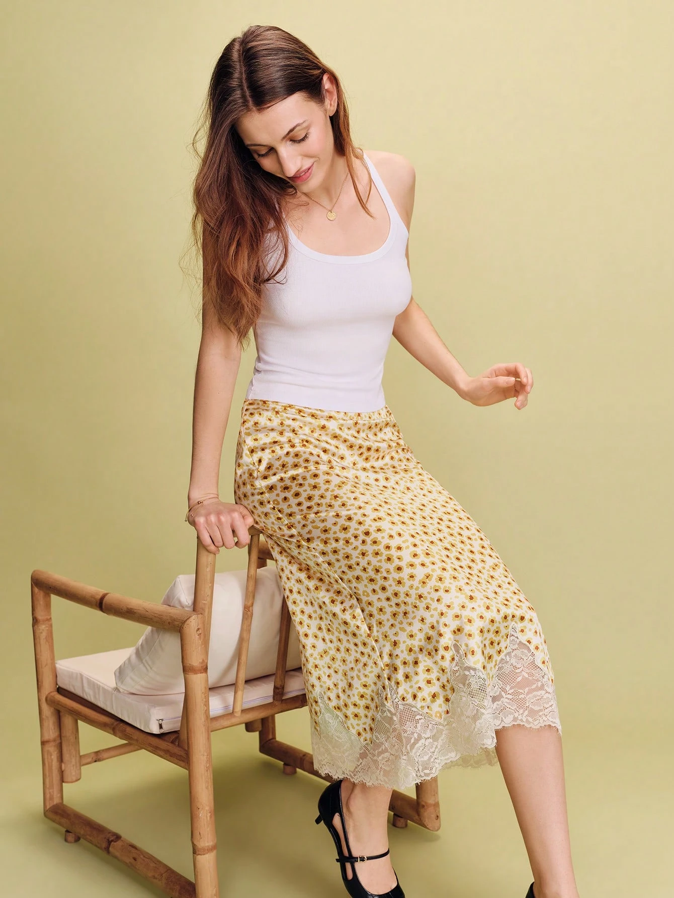 Midi-Slip-Rock mit Blume Muster und Spitzensaum, französischer Frühlings-/Sommerstil, Pariser Stil