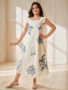 Anewsta 可爱女童宽松飘逸连衣裙，夏季舒适宽袖3D花朵+碎花裙装 - 杏色 - 查看 3