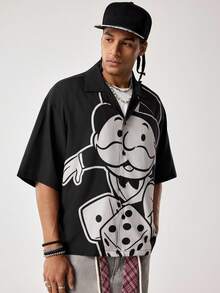 MONOPOLY X SHEIN 男士休闲卡通印花短袖衬衫，夏季 - 黑色 - 查看 6