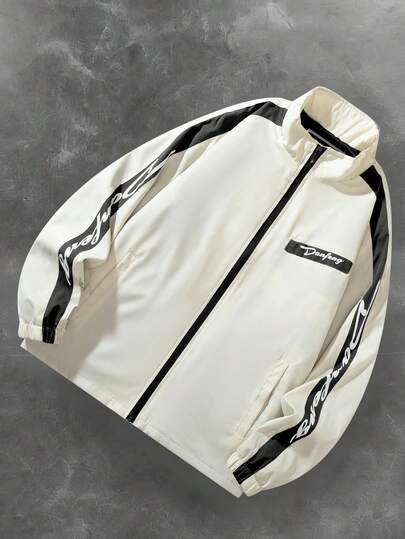 Manfinity EMRG Chaqueta casual de manga larga con cuello alto, cierre de cremallera, estampado de letras y bolsillo, versátil para uso diario, chaqueta casual, camisa de motorista, camisa con cremallera para hombre, camisa de manga larga, ropa urbana