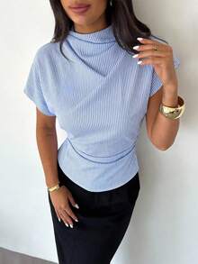 Firerie Blusa de bambú y lino de color albaricoque con cuello arrugado, mangas asimétricas, fruncido lateral y cintura ceñida, para uso diario, para todas las estaciones - Azul y blanco - Ver 5