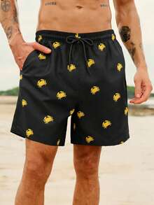 Manfinity Swimmode 男士螃蟹印花斜插口袋抽绳腰休闲沙滩短裤 - 彩色 - 查看 1