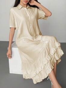 DAZY Women's Elegant Ruffled Collar Loose Mid-Length Dress Sundress Summer - Apricot - View 6