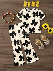 SHEIN Retro Sweet Black Bow Print Young Girl Casual Cartoon Pattern Round Neck Short Sleeve Top And Flare Pants 2-Piece Set,Suitable For Summer Campus,Home - Multicolor - View 2