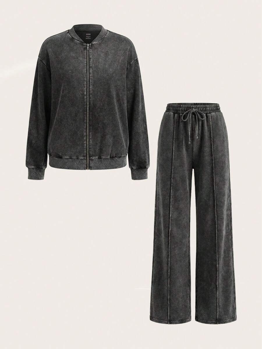 SHEIN Tall 休闲水洗雪花棒球夹克和宽松长裤套装/夏季女式家居服套装