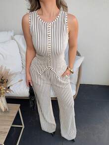 Jeta Ari Elenzga 女士时尚纯色纹理两件套，包括无袖圆领纽扣修身背心和高腰宽松直筒裤，优雅通勤风格 - 杏色 - 查看 3