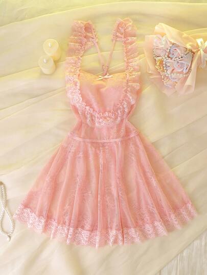 Pink Lace Cross Back Strap Nightgown, 3D Frill Trim Bow Sheer Mesh Craftsmanship