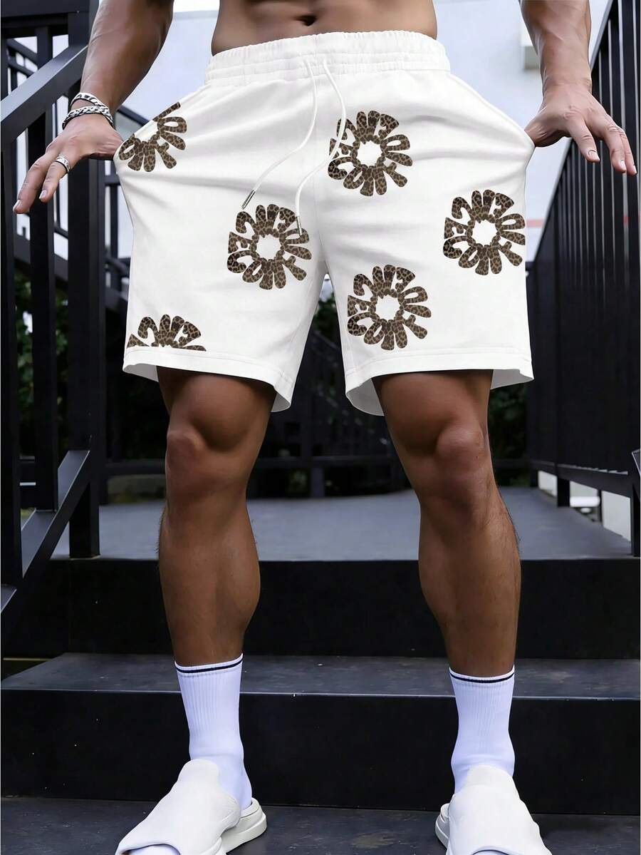 Manfinity Dauomo Shorts masculinos versáteis com estampa floral de leopardo, cintura elástica e cordão ajustável. - Multicolorido - Ver 1