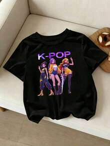 Camiseta de manga corta con cuello redondo, estampado de chica de dibujos animados de K-POP, informal y de moda para niñas jóvenes, verano - Negro - Ver 3