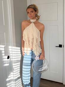 Sydney Algeri 女士优雅多层荷叶边立领修身背心 - 米色 - 查看 1