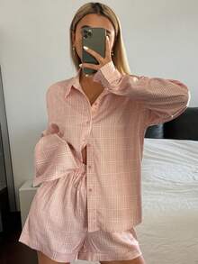 DAZY 优雅格子缎面衬衫上衣和短裤女士睡衣套装 - 粉色 - 查看 6