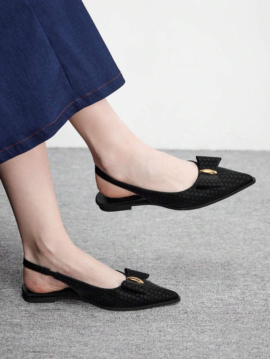 CUCCOO BIZCHIC 女士秋季黑色编织尖头后跟平底鞋,金属装饰蝴蝶结鞋 - 黑色 - 查看 1