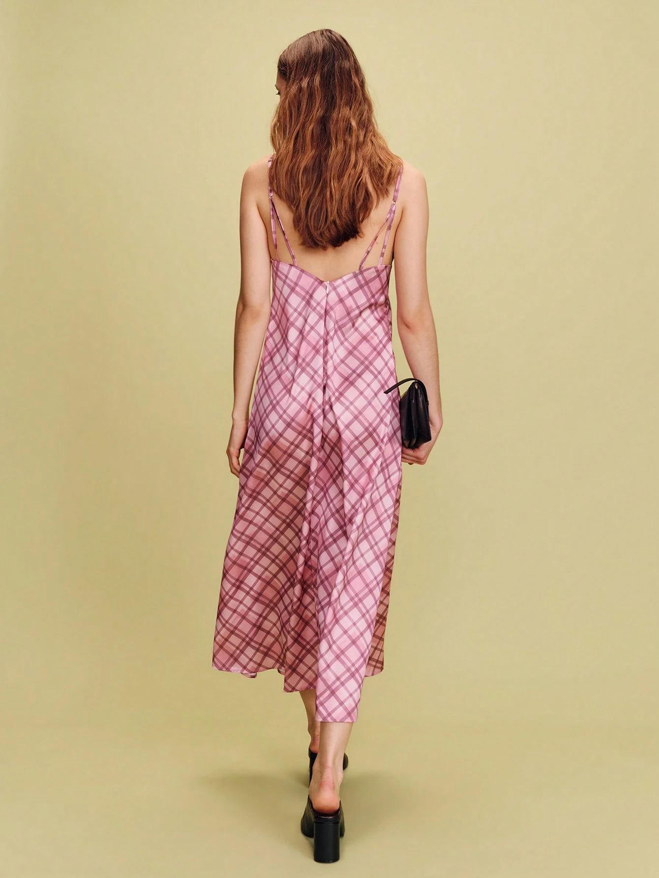 Satin Bias-Cut Checked Maxi Dress With Double Straps Summer Look Spring Summer French Style Parisian Style Evening Dress Vacation Dress Pink Check Dress Holiday Dress
