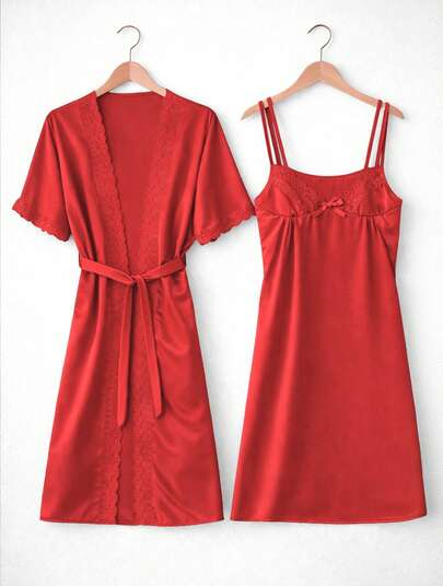 Conjunto de dos piezas para mujer que incluye una bata sexy romantic de talla única, con un diseño de cordones y un camison.