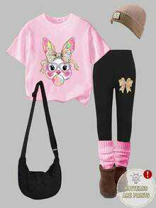 Ensemble t-shirt à manches courtes et leggings pour jeunes filles, style décontracté, mode, confortable, minimaliste, polyvalent, créatif, mignon, avec imprimé lapin doré et nœud. Convient pour le port quotidien décontracté et les vacances de Pâques - Rose bonbon - Voir 3