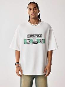 MONOPOLY X SHEIN Áo thun nam tay ngắn cổ tròn in hình hoạt hình, phong cách thường ngày, MONOPOLY - trắng - Xem 8