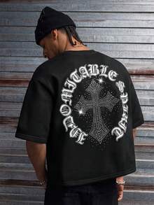 AXEPEAK 男士休闲宽松短袖T恤，白色，带印花水钻手工标签，夏季 - 黑色 - 查看 2