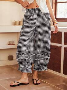 Bohemian Style Printed Cotton Loose Lantern 3/4 Pants, Women Pajama Bottoms - Black and White - View 1