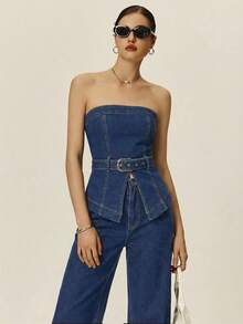 Poéselle Women's Fashionable Versatile Denim Tube Top With Eyelet Design, Suitable For Dates And Outings - Medium Wash - View 1