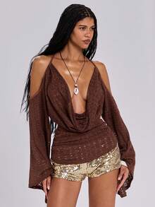 ROMWE Y2K Spring/Summer Vacation Sexy Avant-Garde Backless Deep Draped Neck Flare Sleeve Chain Sheer Crochet Blouse For Women - Brown - View 2