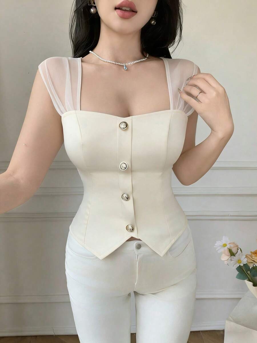SHEIN LUNE Women's Sweetheart Collar Mesh Patchwork Button Design Fitted Elegant Blouse - Apricot - View 1