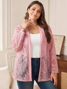 Rosumi Plus Size Women's Summer Casual Vacation  Pink Long Sleeve Jacket, Summer\Vacation,Summer Holiday,Spring Break Outfits ,Vacation Outfits Women ,Holiday Outfits For Women,Going Out Outfits,2026 New Clothes,Simple And Fashionable For Everyday Wear,Suitable For Summer, Vacation, Daily Wear, Pink Cardigan For Women, Lace Cardigan, Lightweight Cardigan - Pink - View 6