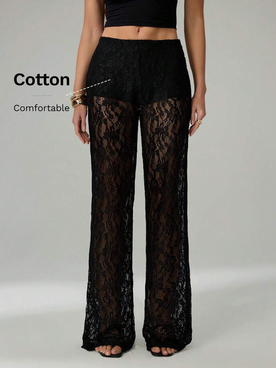 SHEIN Tall Quần dài nữ màu trơn, chất liệu ren xuyên thấu, lót cotton nguyên chất, thoải mái và thoáng khí. - màu đen - Xem 1