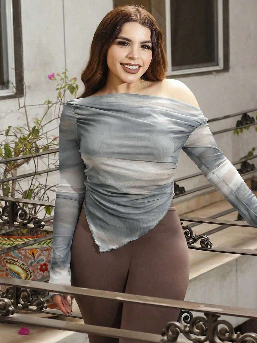 Lupita Cardoza Áo thun dài tay in họa tiết nhuộm loang cổ bất đối xứng dành cho nữ - Nhiều màu - Xem 1