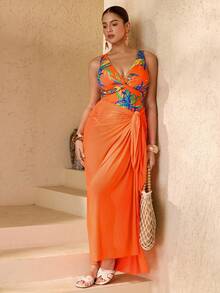 Swim Oasis 大码女士印花连体泳衣，配网纱罩衫和围巾两件套，浪漫激情，适合海滩、泳池、游艇派对 - 彩色 - 查看 6