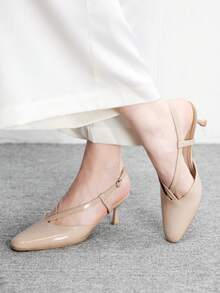 CUCCOO BIZCHIC Women's Shoes Square Toe Patent Leather Apricot Cross Strap Rear Strap Basic Commuting Wear Daily Thin Heel High Heel Shoes - Apricot - View 5