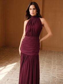 Anewsta Women's Long Dress, Halter Neck, Cold-Shoulder Design, Waist Ruched, Flowy Skirt, Elegant For Party & Holiday - Burgundy - View 7