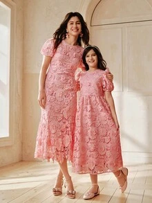 Đầm chữ A tay cánh hoa cổ tròn, chất liệu ren tan trong nước của Anewsta Girls, thích hợp cho mùa Xuân/Hè. - Hồng - Xem 6