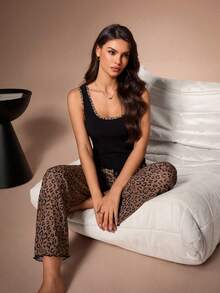 SHEIN Women's Casual Leopard Print Black And Brown Drawstring Pajama Set - Multicolor - View 3