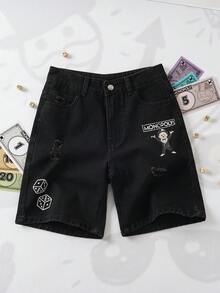 MONOPOLY X SHEIN Quần short rách họa tiết hoạt hình phong cách thường ngày cho bé trai tuổi teen, mùa hè. - màu đen - Xem 1