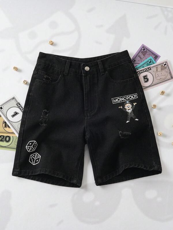 MONOPOLY X SHEIN Quần short rách họa tiết hoạt hình phong cách thường ngày cho bé trai tuổi teen, mùa hè.