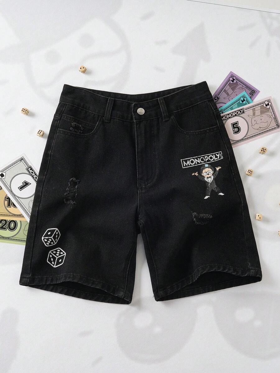 MONOPOLY X SHEIN Quần short rách họa tiết hoạt hình phong cách thường ngày cho bé trai tuổi teen, mùa hè. - màu đen - Xem 1