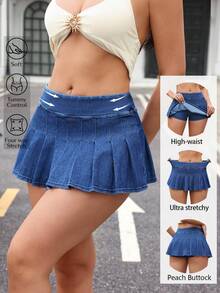 Flexra Women's Summer Casual Pleated Mini Denim Skirt Shorts - Blue - View 1