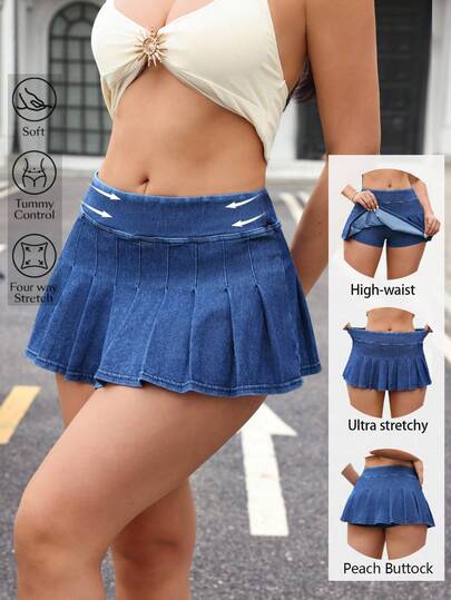 Flexra Women's Summer Casual Pleated Mini Denim Skirt Shorts