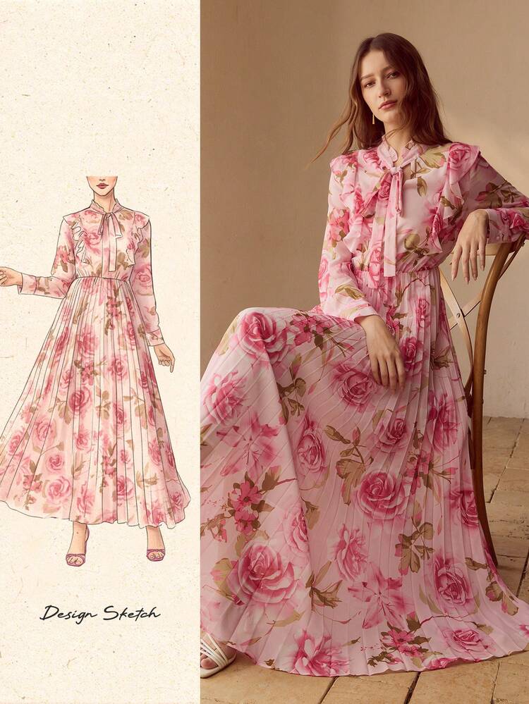 WOMEN'S ALLOVER ROSE FLORAL PRINT PLEATED DRESS